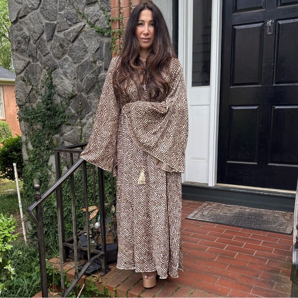 SILK BLEND BOHO Geometric Patterned Brown Maxi Dress - Picture 5 of 8